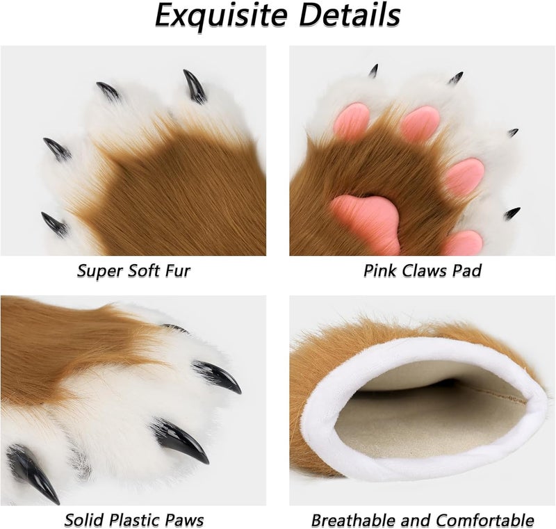 hbbhml Faux Fur Plush Furry Cat Claw Gloves Fursuit Animal Fox Paws Mittens Halloween Cosplay Costume Accessories for Adult - Image 4